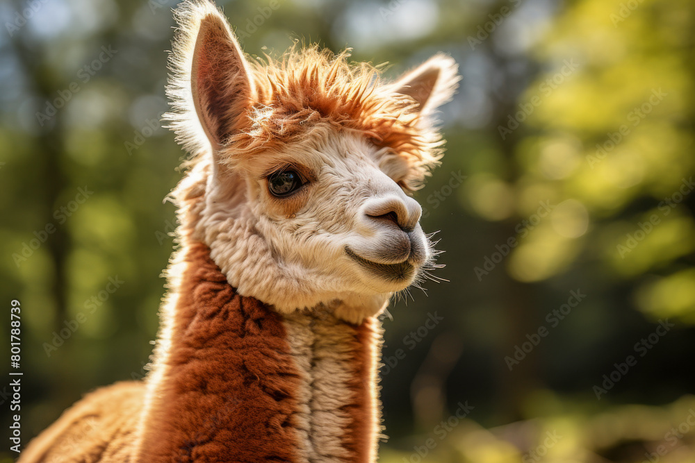 Fototapeta premium A baby llama with a fluffy brown mane and a white face