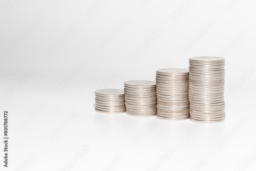 Coin on white background, stacked coins Coin on white background, stacked coins