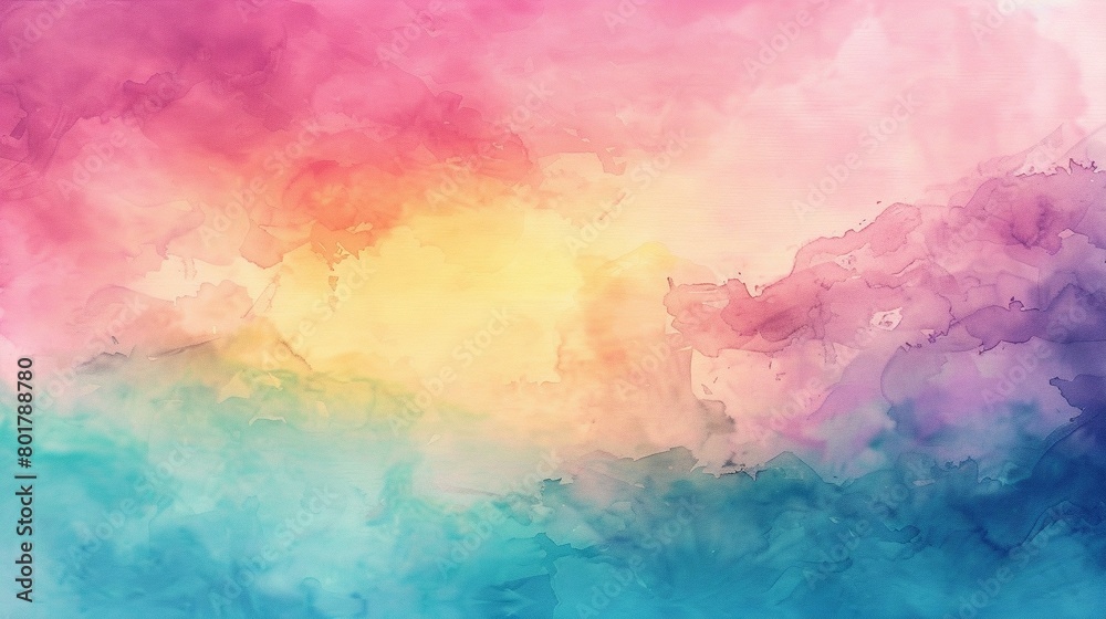 Colorful watercolor background with painted sunset sky colors of rainbow