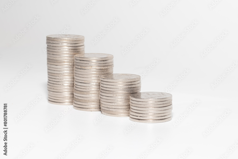 Coin on white background, stacked coins	