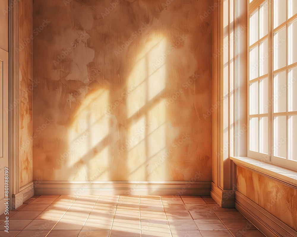 Warm sunlight streaming through a windowpane, casting a soft caramel glow on a minimalist room interior Warm sunlight streaming through a windowpane, casting a soft caramel glow on a minimalist room interior