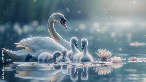 Swan Mother Teaching Her Cygnets to Swim on a Serene Lake with Water Lilies, Guiding Them Through the Water with Grace. Motherhood, Maternal Care, Mather's Day. AI Generated photo