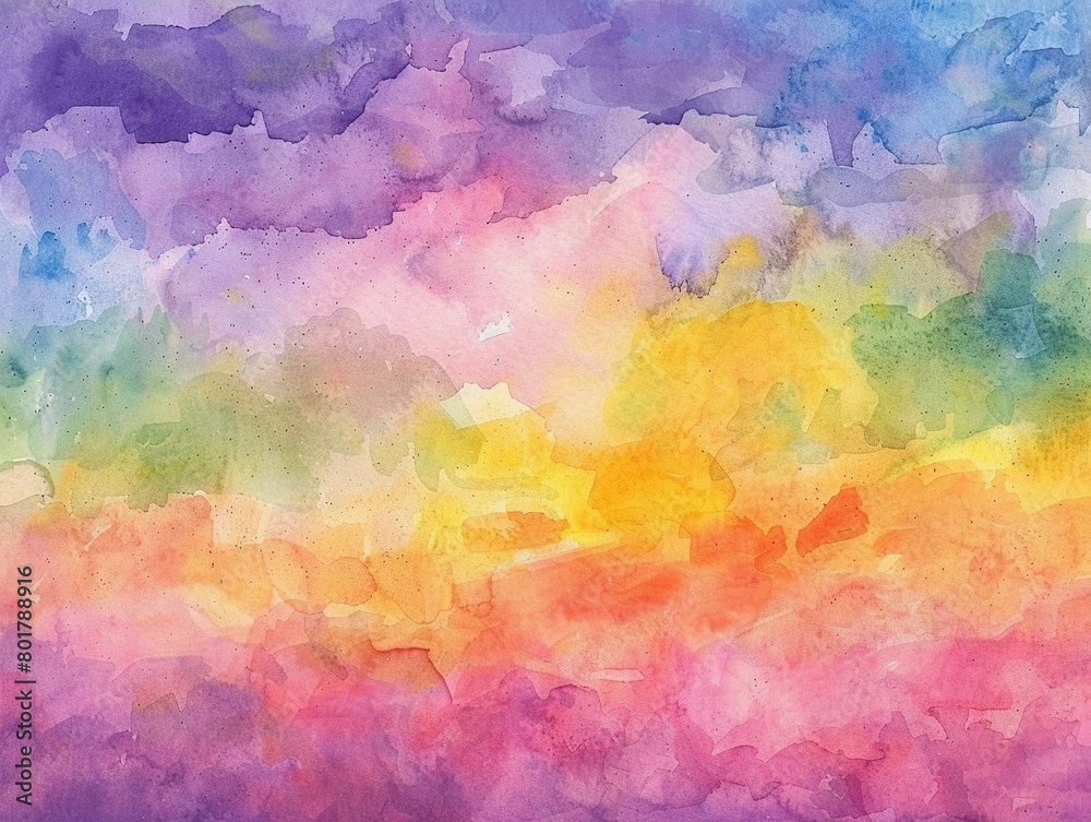 Colorful watercolor background with painted sunset sky colors of rainbow