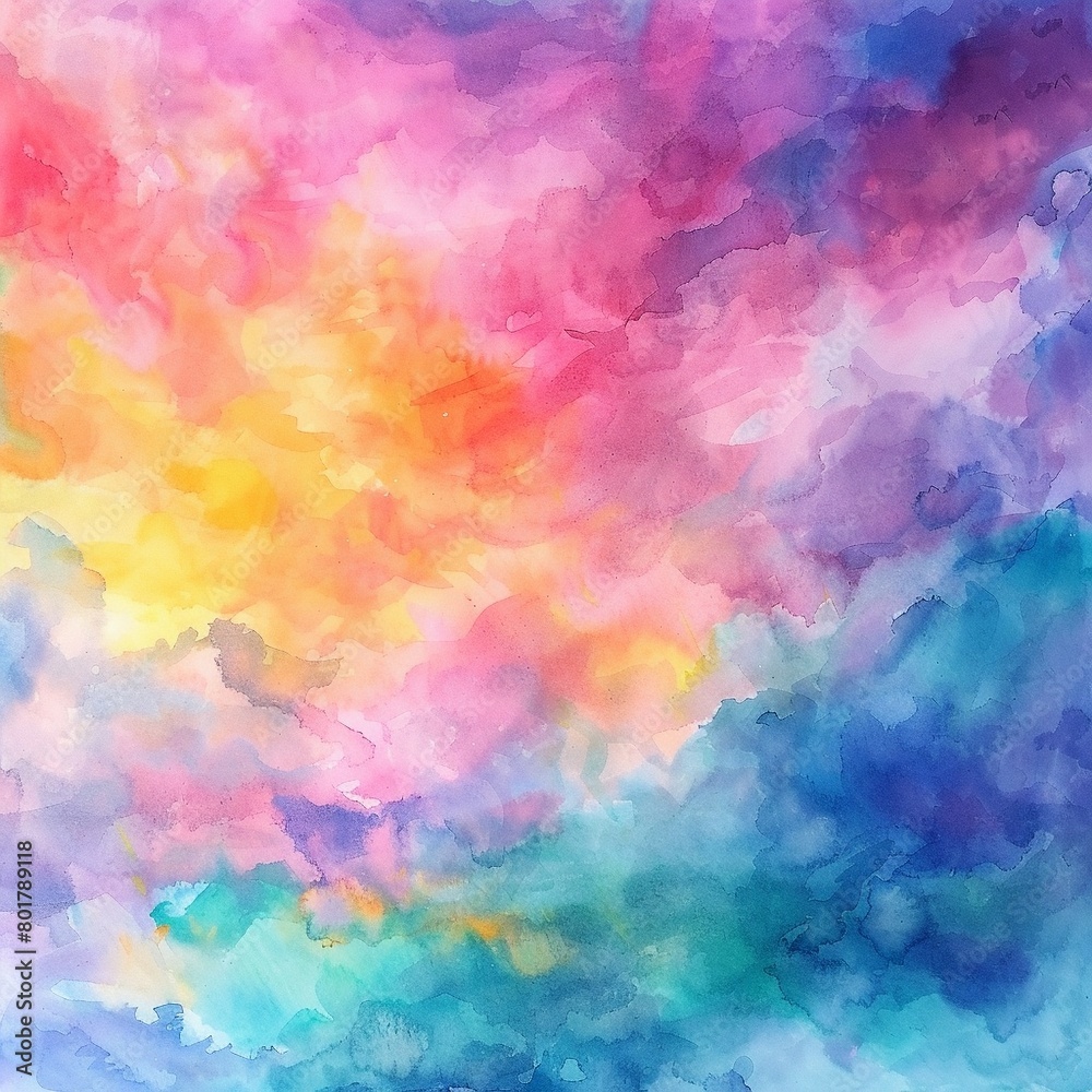 Colorful watercolor background with painted sunset sky colors of rainbow