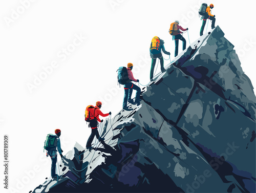 Conquering Heights: A Team of Mountaineers Ascends the Peak with Resilience and Camaraderie in a Vibrant Animated Illustration