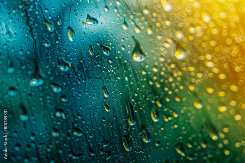 The  is of raindrops on a window  creating a blurry and hazy effect