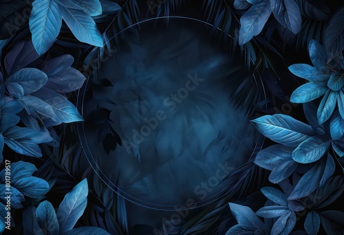 blue neon frame with leaves on black background