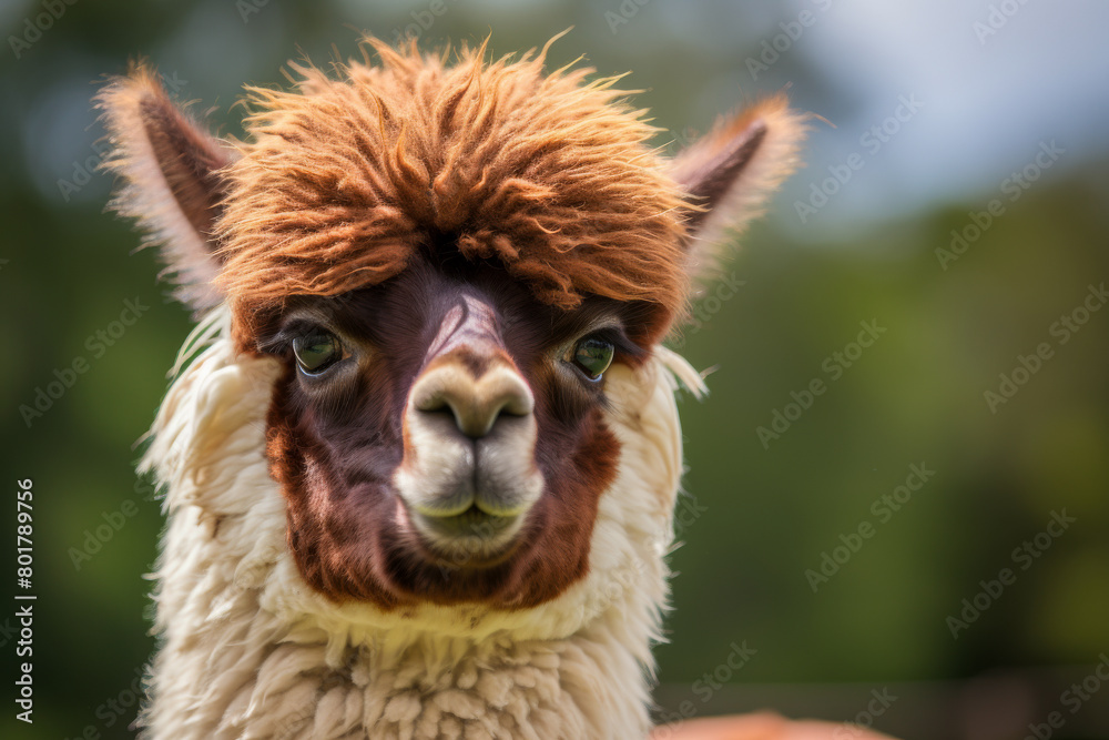 Fototapeta premium A brown and white llama with a fluffy mane is staring at the camera