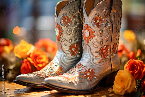 A pair of silver cowboy boots with orange flowers embroidered on them