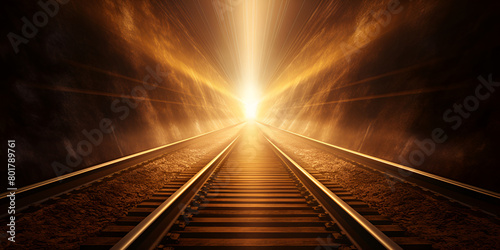 Railway tracks in a tunnel with a bright light at the top travel technology  with golden light background
