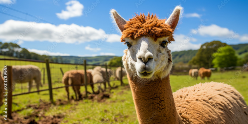 Fototapeta premium Charming Alpaca Portrait in Sunny Pasture with Herd Background
