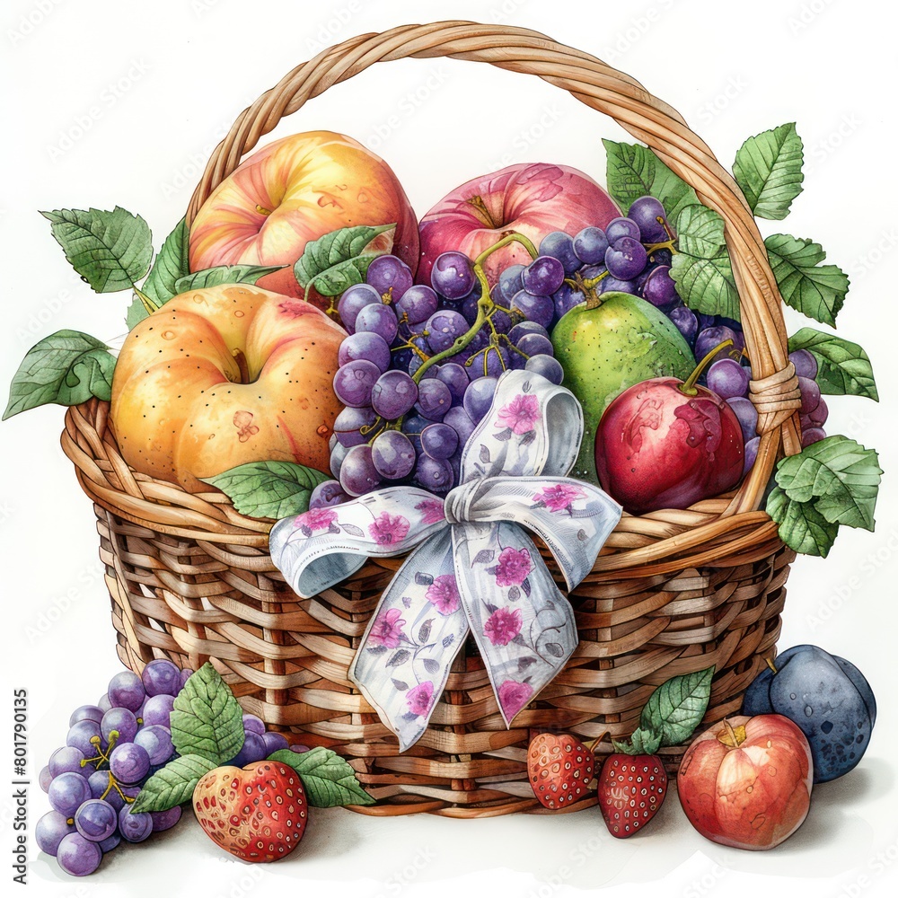 square straw basket with a patterned ribbon bow, full of fruits, white background square straw basket with a patterned ribbon bow, full of fruits, white background