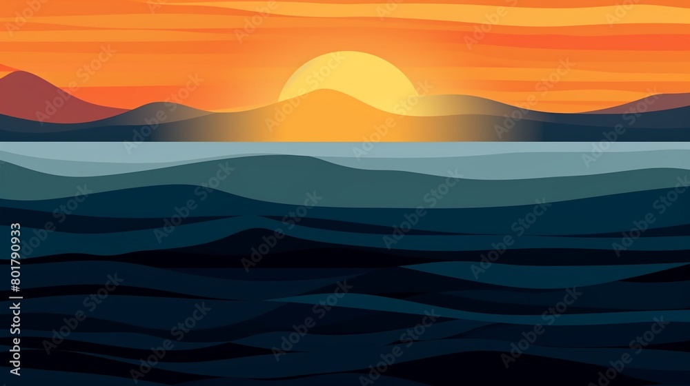 The serene rhythms of ocean waves at sunset are beautifully captured in this sleek, modern illustration The serene rhythms of ocean waves at sunset are beautifully captured in this sleek, modern illustration