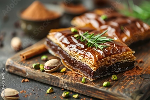 chocolate baklava with pistachio on wooden table. Traditional Turkish dessert