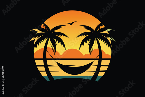 Silhouette art design of sea on sunset time and palm trees with a hammock Vectors design