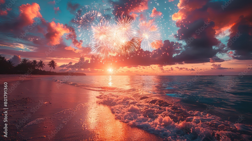 fireworks in the sky, background at a beach New Year's party