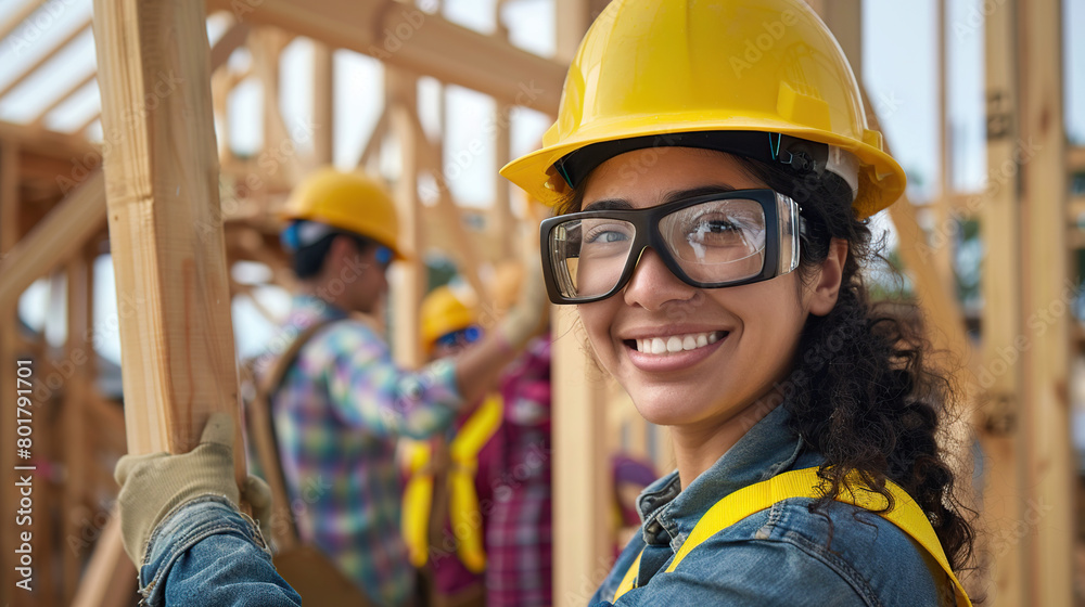 woman working on a construction site, construction hard hat and work vest, smiling, middle aged or older