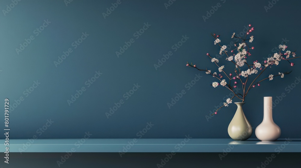 flowers on a shelf and blue wall flowers on a shelf and blue wall