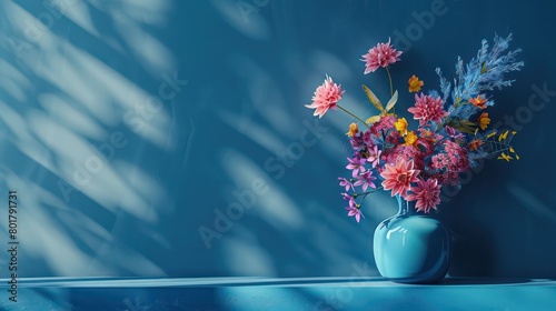 flowers on a shelf and blue wall