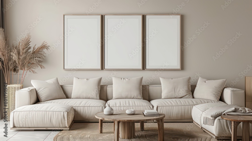 Naklejka premium four portrait picture frame mockup in office space