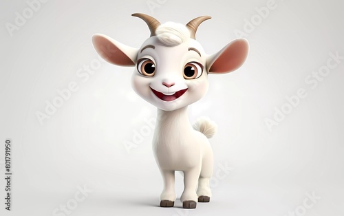 Adorable 3D Cartoon Baby Goat with Cheerful Expression on White Background. Vector illustration