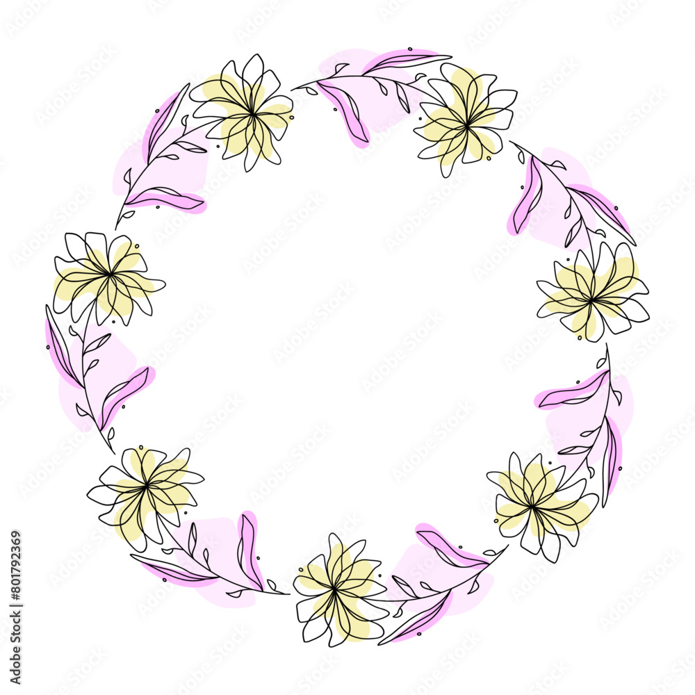 Hand drawn flowers wreath frame on white background Hand drawn flowers wreath frame on white background