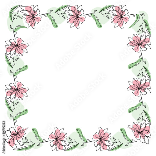 Hand drawn flowers wreath frame on white background