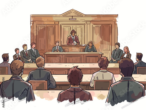 Animated Courtroom Scene: Lawyers Present Cases before the Judge and Jury - Legal Illustrations