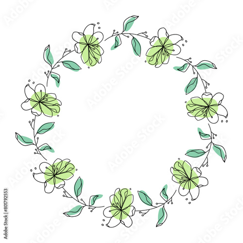 Hand drawn flowers wreath frame on white background