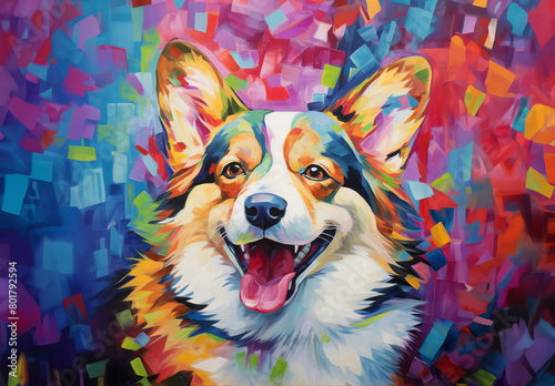 Oil painting of the head of a tri color corgi with its tongue sticking out panting on a colorful and vibrant abstract background. photo