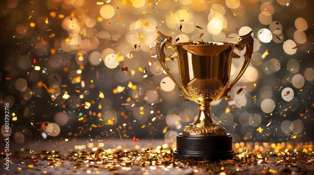 golden trophy cup with confetti on bokeh background golden trophy cup with confetti on bokeh background