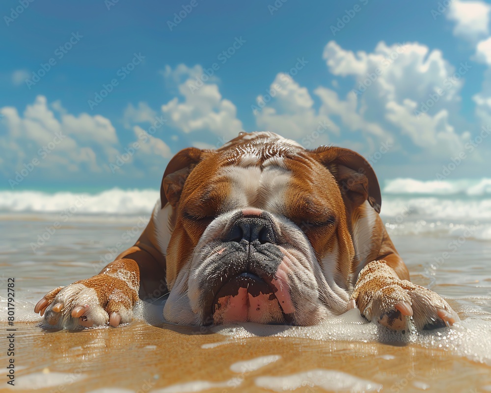 A bulldog resting on a sandy beach while waves crash in the background