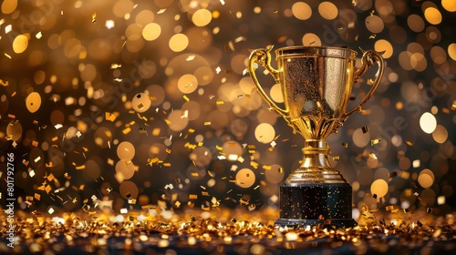 golden trophy cup with confetti on bokeh background