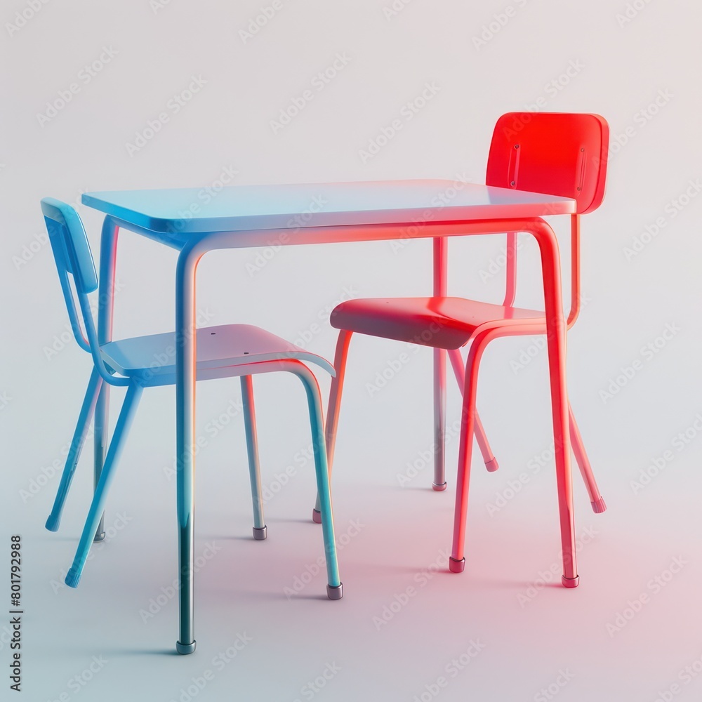 school classroom table with a chair. red and blue gradient colors, White background school classroom table with a chair. red and blue gradient colors, White background