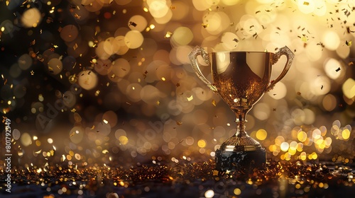 golden trophy cup with confetti on bokeh background