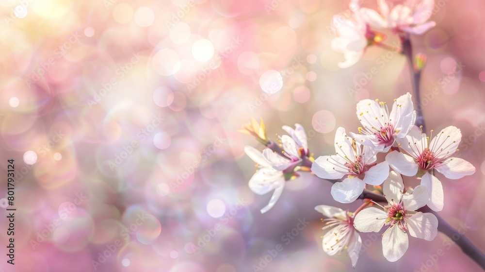 Cherry blossoms in full bloom against a softly glowing bokeh background.