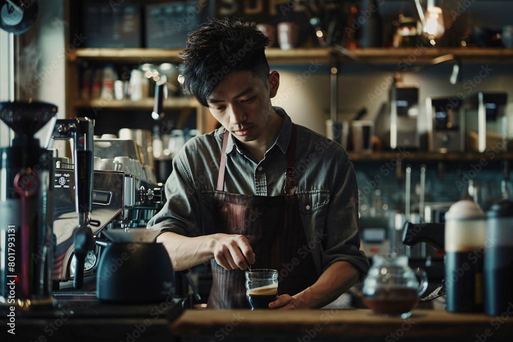 Handsome young barista pours milk froth into latte art coffee cup to decorate it beautifully appetizing mellow together with beautiful barista staff serving customers in the coffee cafe.