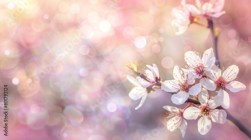 Cherry blossoms in full bloom against a softly glowing bokeh background. © red_orange_stock