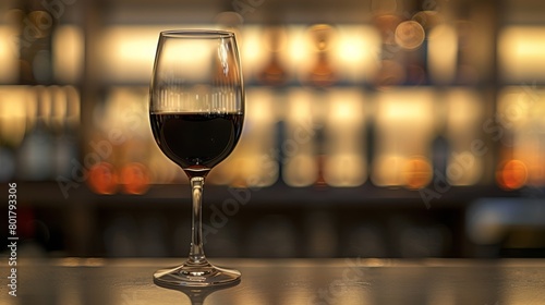 A solitary red wine glass filled with dark red wine, set against a softly blurred bar backdrop. © red_orange_stock