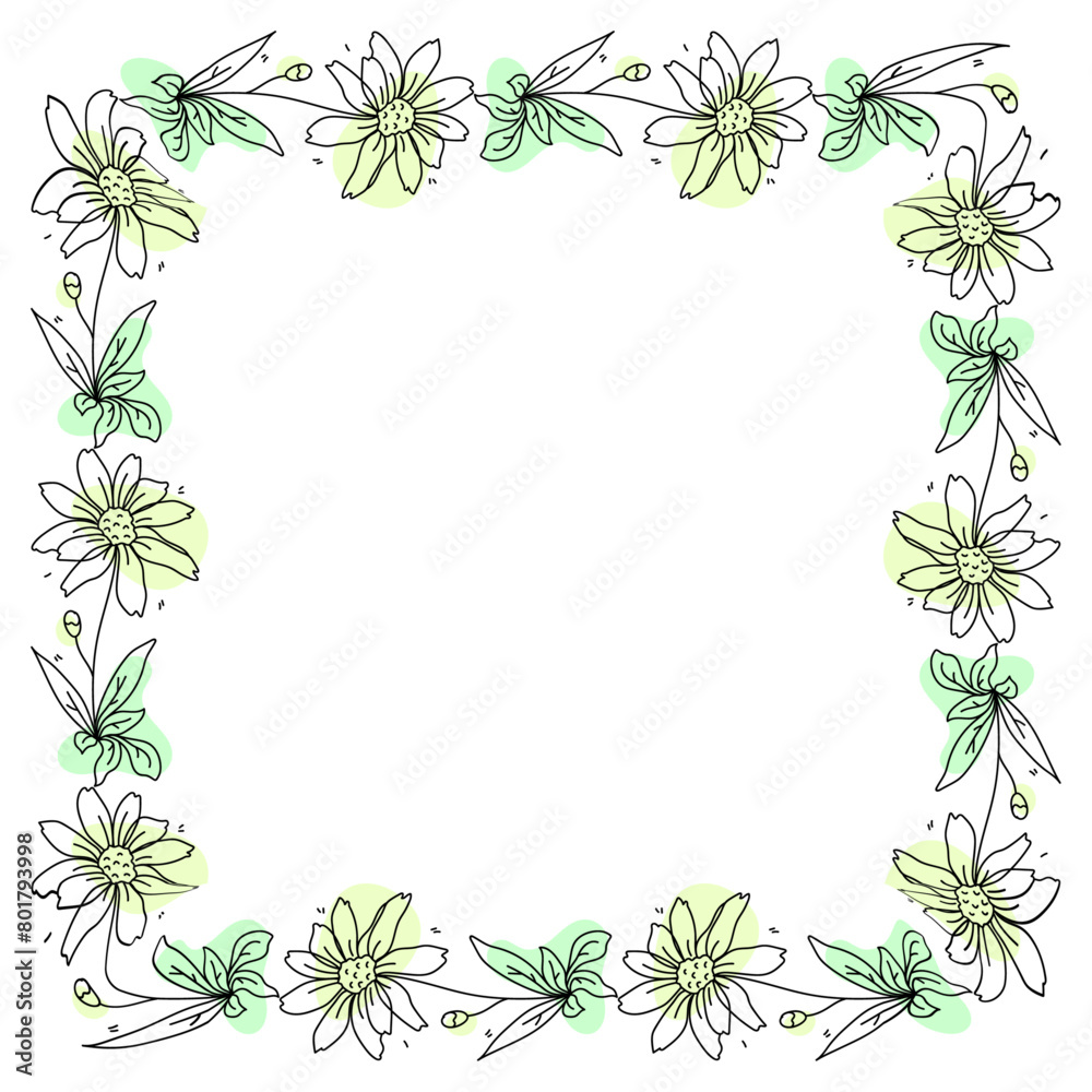 Hand drawn flowers wreath frame on white background