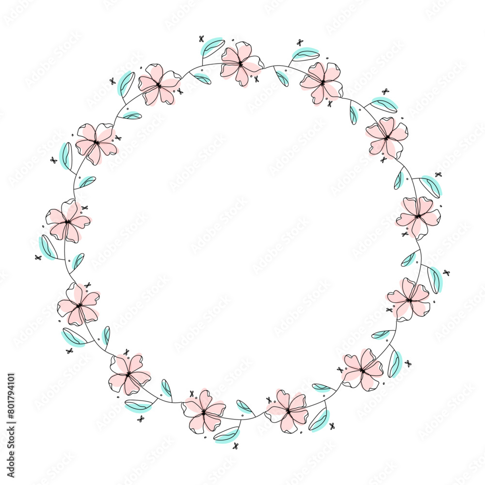 Hand drawn flowers wreath frame on white background Hand drawn flowers wreath frame on white background