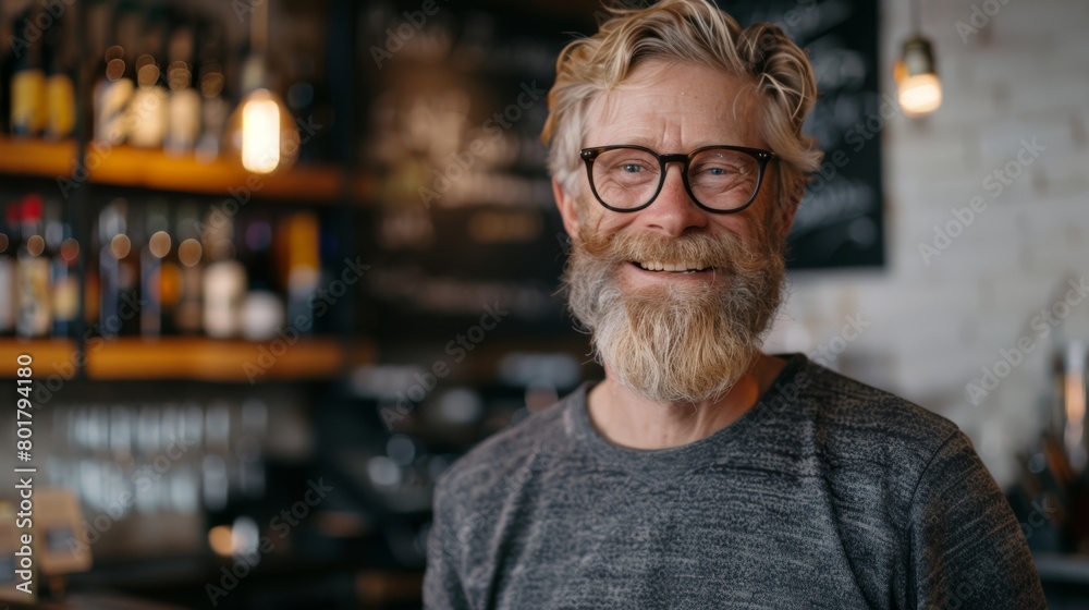 Portrait of a cheerful elderly male barista with glasses, standing in a warmly lit cafe environment.