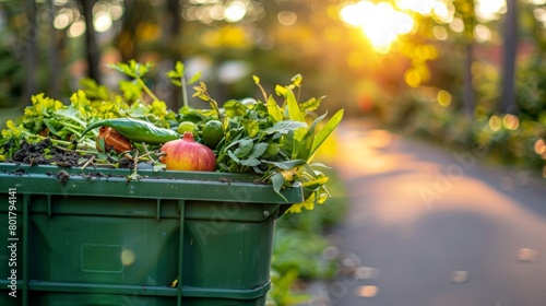 A green compost bin filled with fresh organic waste basks in warm sunset light, promoting sustainability and eco-friendly practices. photo