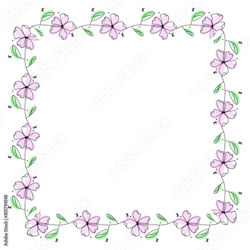Hand drawn flowers wreath frame on white background