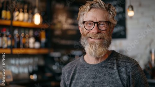 Portrait of a cheerful elderly male barista with glasses, standing in a warmly lit cafe environment.