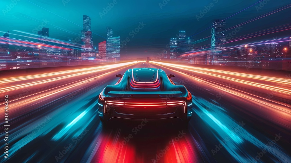 Futuristic sports car speeding on a neon-infused highway with a dramatic city skyline in the background.