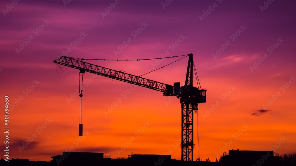 A crane silhouetted against a vivid sunset sky, emphasizing the shapes and the end of a workday