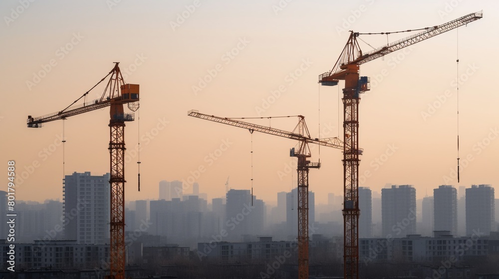 Construction cranes extend into the sky, juxtaposed against the city background, symbolizing progress