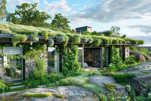 A Swedish eco-home nestled in a green belt area  with a living roof and walls covered in climbing plants  blending seamlessly with the natural surroundings.