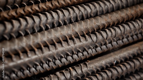 A detailed view of rebar against a diffuse background, emphasizing its rugged, metallic features